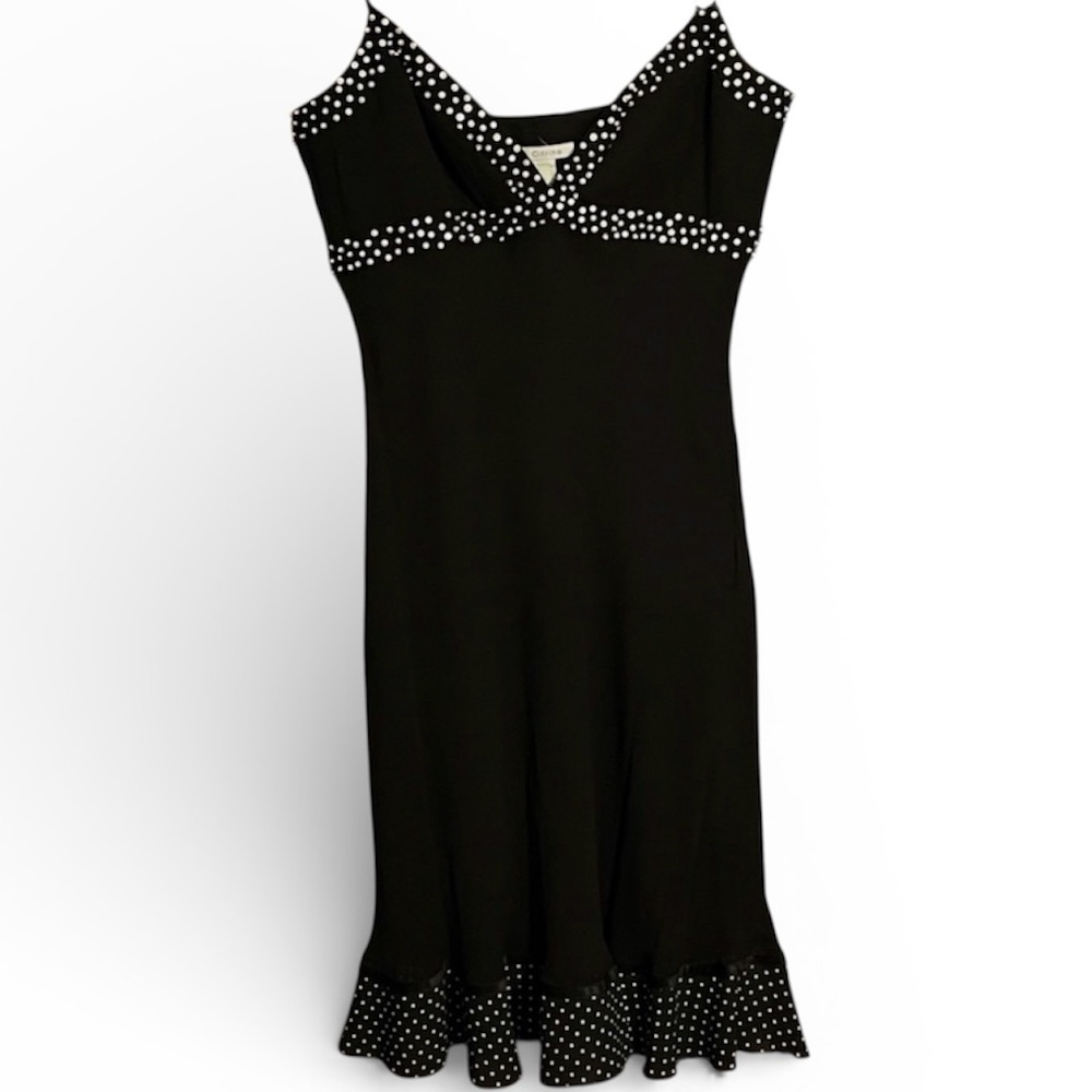 Citrine | Elegant Black Vintage Dress with Polka Dot Trim | Size M